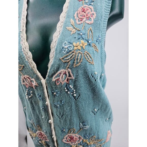 Vintage Koret Pastel Blue Cotton Crochet Floral Granny Sweater Vest S 3810 - Picture 3 of 10